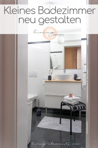 Pinterestgrafik für Blogpost kleines Badezimmer neu gestalten Badunterschrank Godmorgon von Ikea und Hocker von Hay mit Badutensilien von Blomus